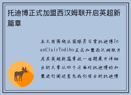 托迪博正式加盟西汉姆联开启英超新篇章
