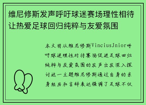 维尼修斯发声呼吁球迷赛场理性相待让热爱足球回归纯粹与友爱氛围